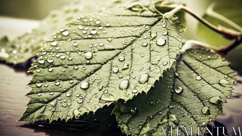 Close-up of Dark Green Leaf with Water Drops AI Image