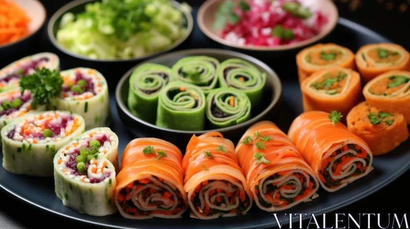 Colorful Assorted Sushi Rolls on a Black Plate AI Image