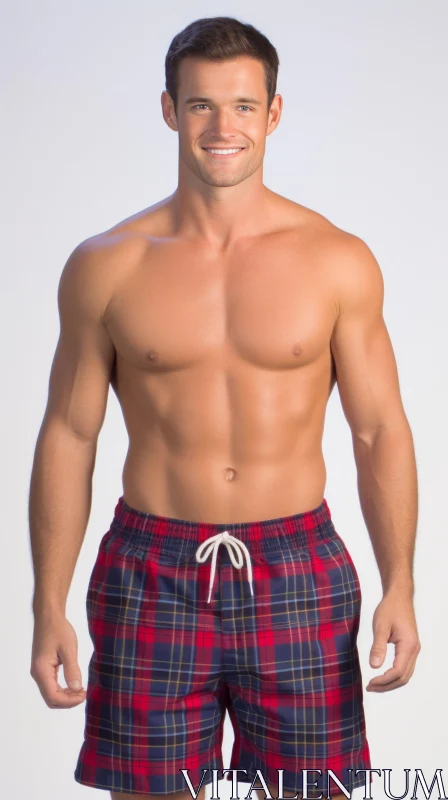Confident Male Model in Plaid Swim Trunks AI Image