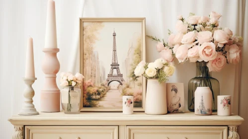 Elegant Roses Still Life with Eiffel Tower Painting