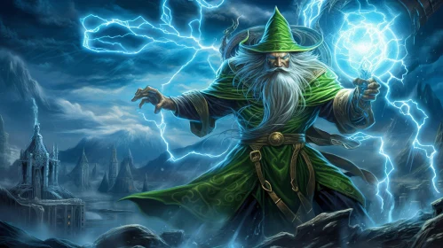 Enigmatic Wizard in Stormy Landscape