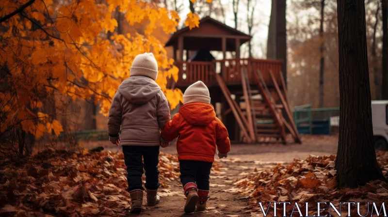 Fall Park Walk: Children in Autumn Scene AI Image
