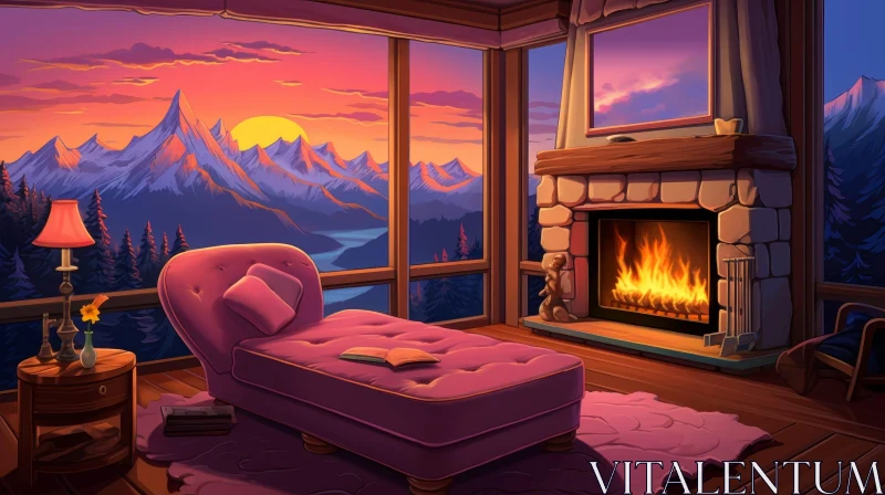 Mountain Sunset Cabin Landscape AI Image