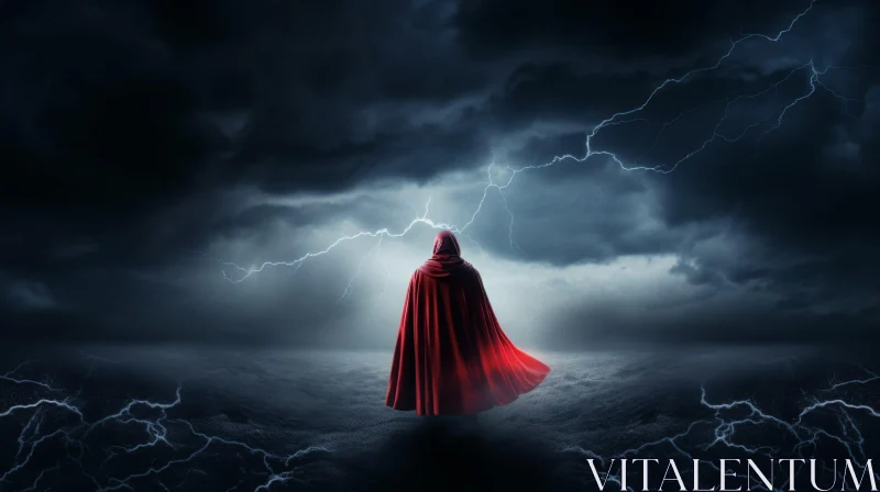 Mysterious Figure in Red Cloak on Stormy Night AI Image