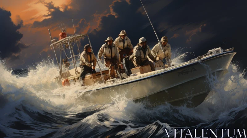 AI ART Perilous Fishing Expedition: Men Battling Stormy Seas