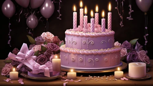 Pink and White Birthday Cake with Roses and Balloons