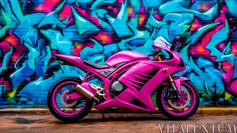 Pink Sport Motorcycle Parked in Front of Graffiti Wall AI Image