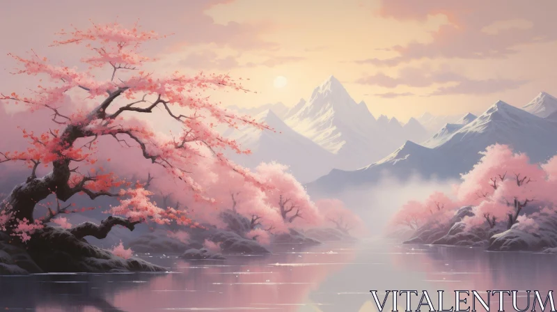 Tranquil Cherry Tree Landscape Painting AI Image