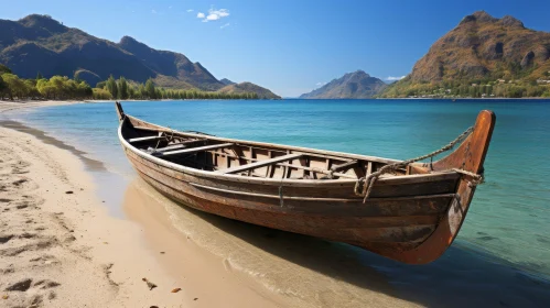 Tranquil Scene: Old Wooden Boat on Lake Shore