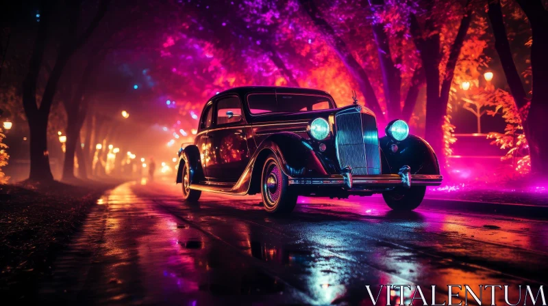 Vintage Car Night Scene in Urban Setting AI Image