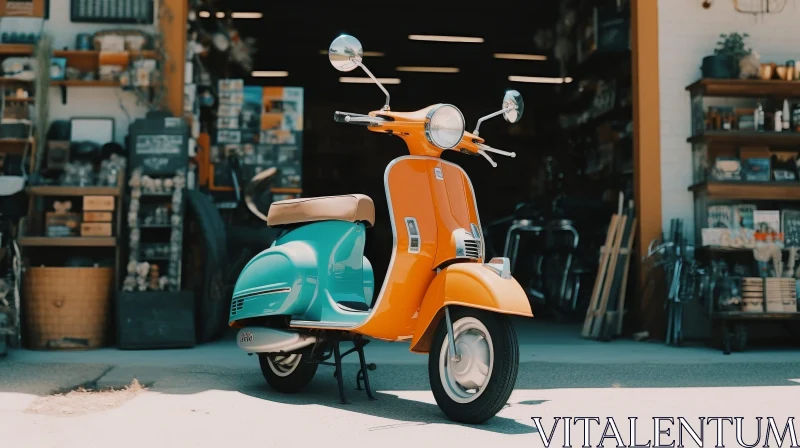 Vintage Orange and Blue Motor Scooter in Front of Garage AI Image