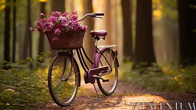 Vintage Purple Bicycle with Pink Flowers in Green Forest AI Image