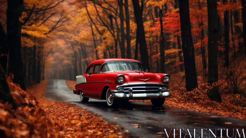 Vintage Red Car Driving Through Colorful Fall Forest AI Image