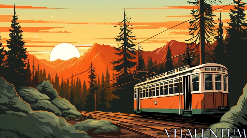 AI ART Vintage Tram Traveling Through Mountain Valley - Digital Painting