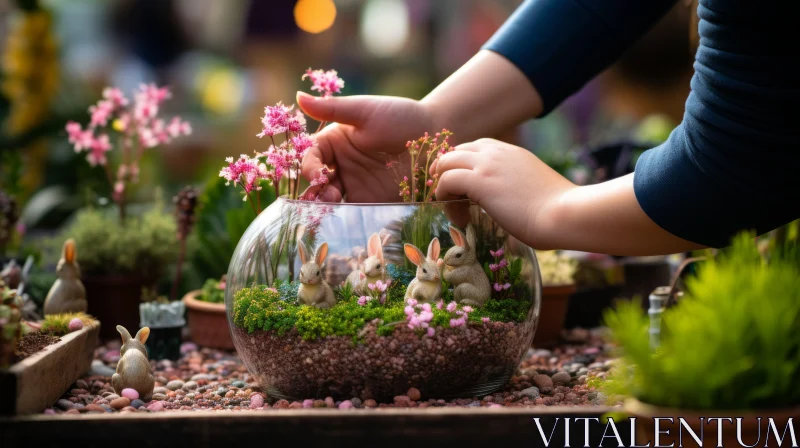 Whimsical Miniature Terrarium with Floral Accents and Animal Figurines AI Image