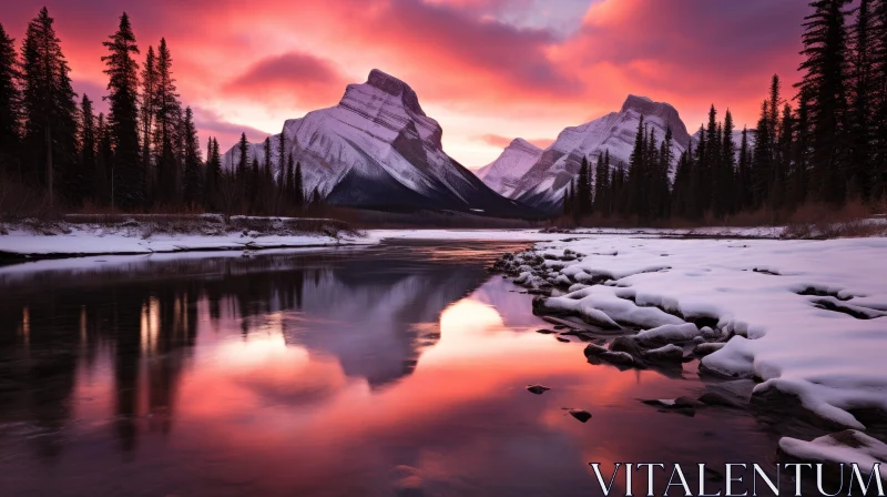 AI ART Winter Landscape: Snow-Covered Mountains and Frozen River