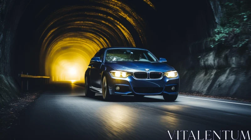 Blue BMW Car Driving Through Dark Tunnel AI Image