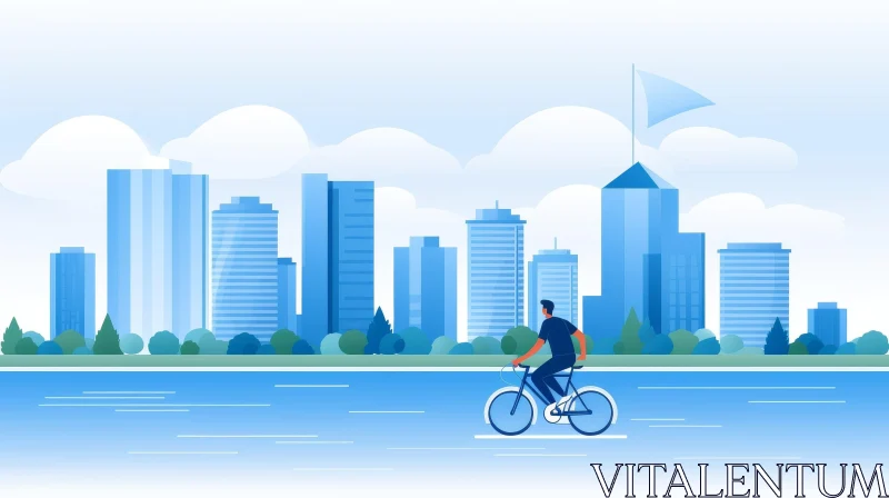 AI ART Cityscape Vector Illustration of Man Riding Bicycle in Urban Setting