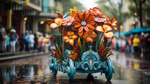 Colorful Flower-Decorated Carriage on Rainy Street
