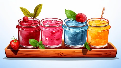 Delicious Jam Art: Vibrant Glass Jars on Wooden Tray