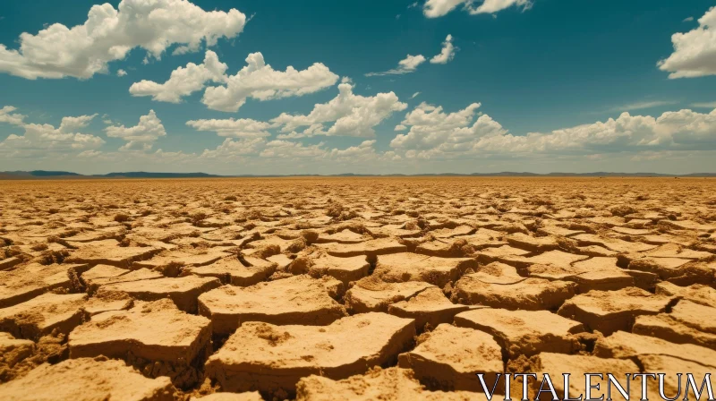 Desolate Desert Landscape | Cracked Ground and Clear Blue Sky AI Image