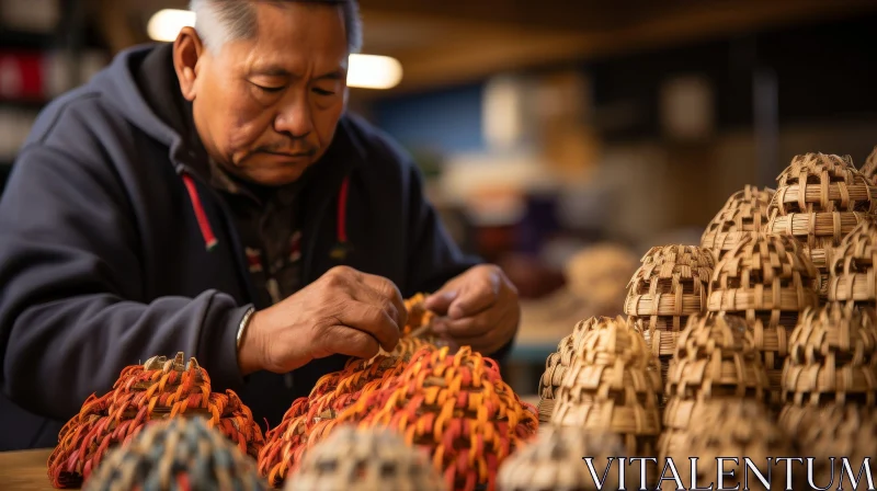 AI ART Focused Man Weaving Basket in Blue Sweater