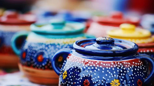 Handmade Blue Ceramic Pot with Red Flower Design
