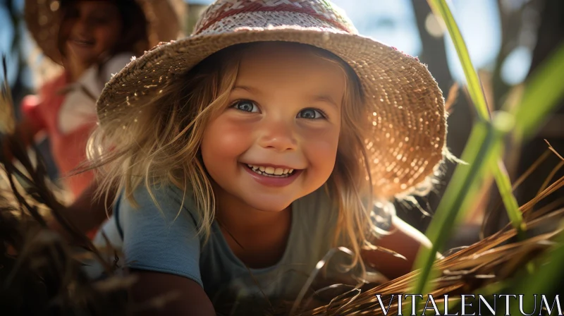 Joyful Children in Nature - Straw Hat Moments AI Image
