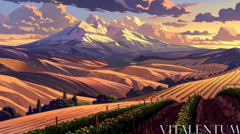 AI ART Mountain Valley Landscape with Serene Field and Trees