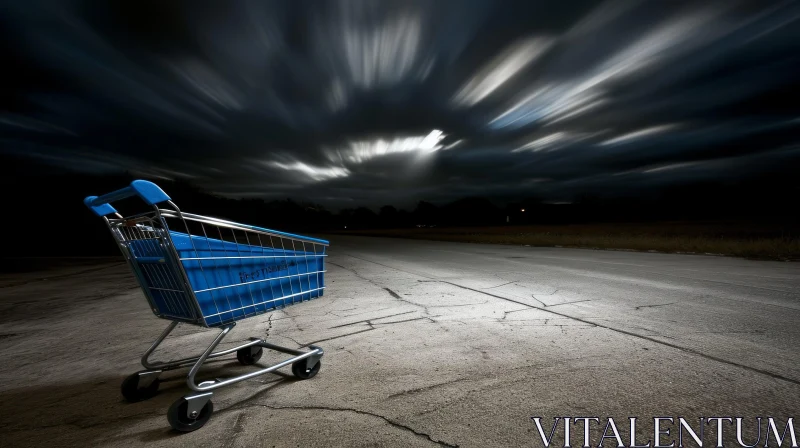 Mysterious Blue Shopping Cart in Empty Night Parking Lot AI Image