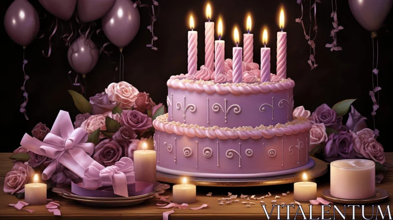 Pink and White Birthday Cake with Roses and Balloons AI Image