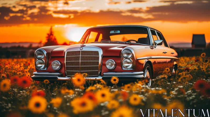 Red Mercedes-Benz 280 SE 3.5 Coupe in Field of Flowers AI Image