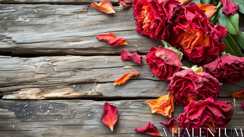 Rustic Beauty: Dried Red Roses on Wooden Background AI Image