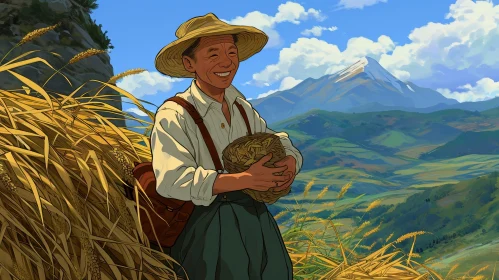 Serene Farmer in Wheat Field with Mountain Background