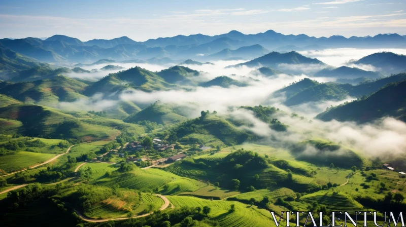 AI ART Serene Mountain Landscape Aerial View