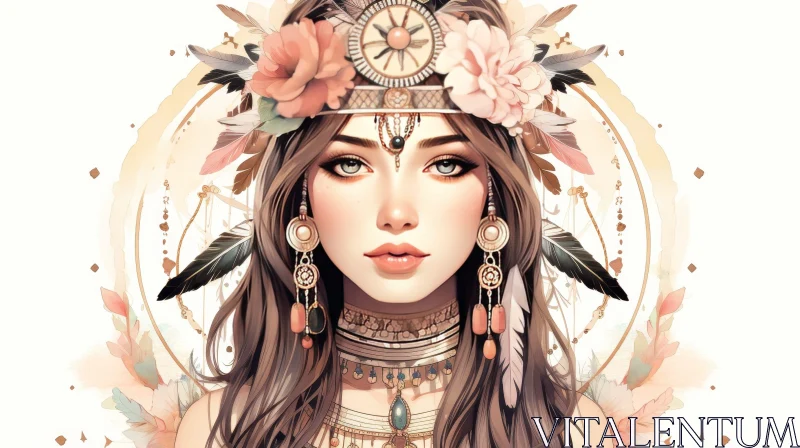 Serene Portrait of a Young Woman with Native American Headdress AI Image
