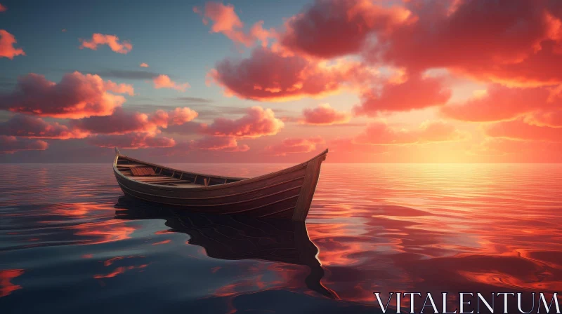 Tranquil Sunset Seascape with Wooden Rowboat AI Image