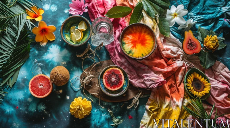 AI ART Tropical Fruits and Flowers on Tie-Dye Fabric | Still Life Photography