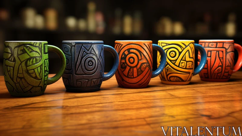 AI ART Unique Ceramic Mugs on Wooden Table