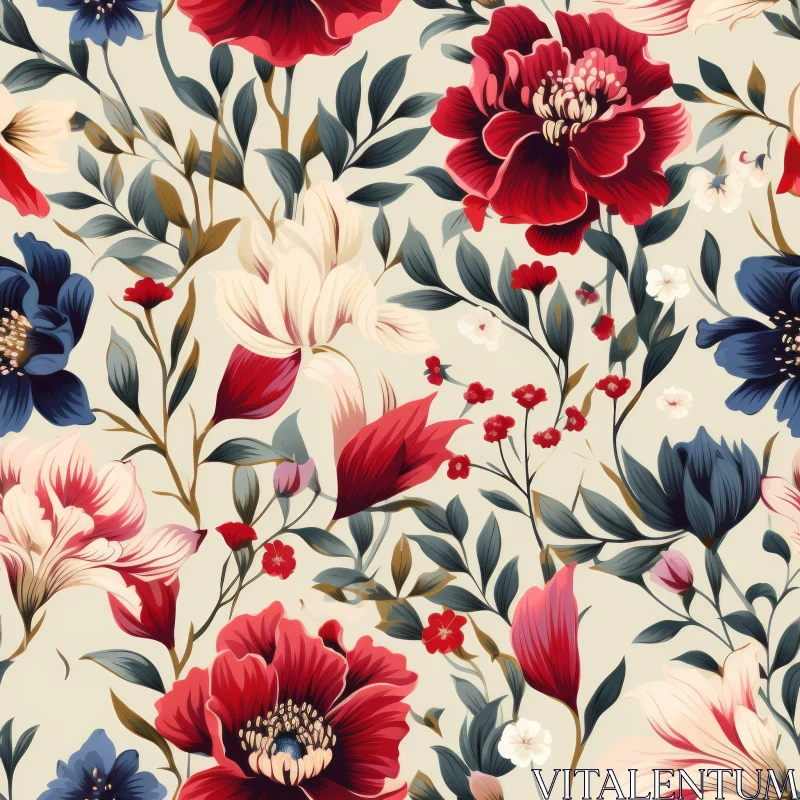 Vintage Floral Pattern - Red, White, Blue Flowers AI Image