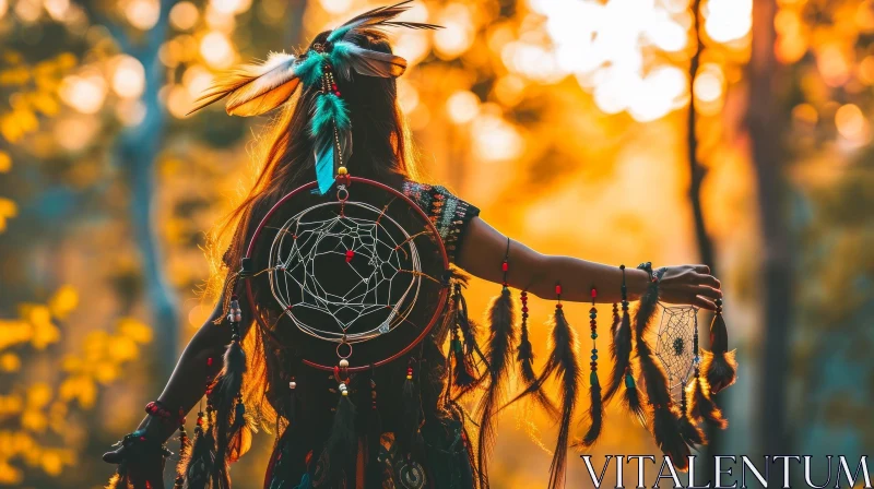 Woman in Forest with Dreamcatcher at Sunset AI Image
