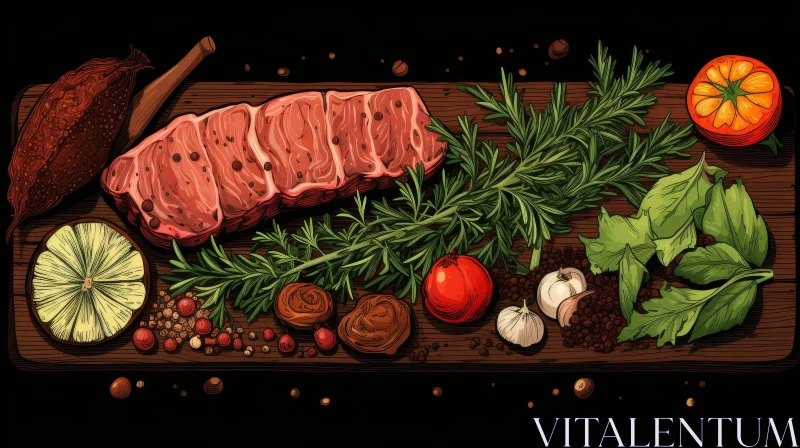 AI ART Wooden Cutting Board with Steak and Herbs - Digital Illustration