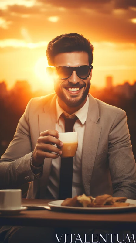 Young Businessman on Rooftop with Coffee AI Image