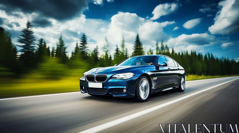 Blue BMW Car Speeding on Asphalt Road AI Image