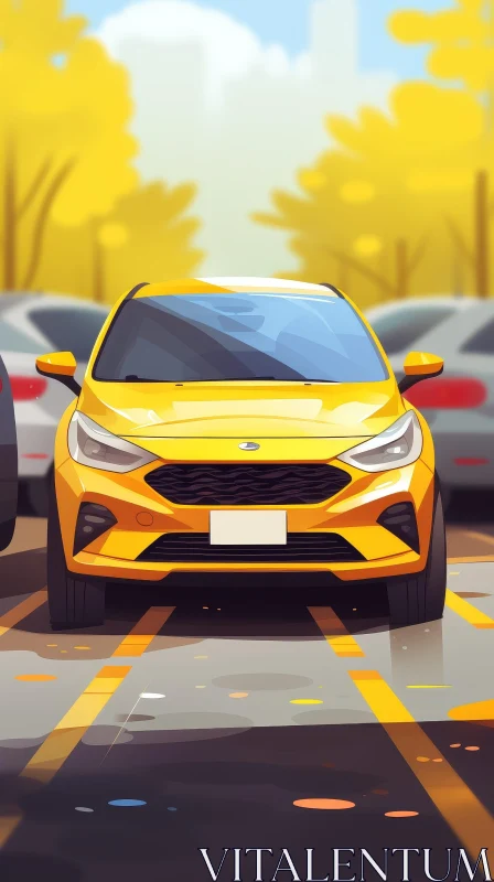 AI ART Bright Yellow Sedan Car in Parking Lot