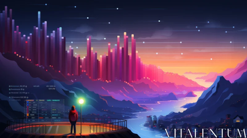 City at Night Digital Painting with Mountain View AI Image