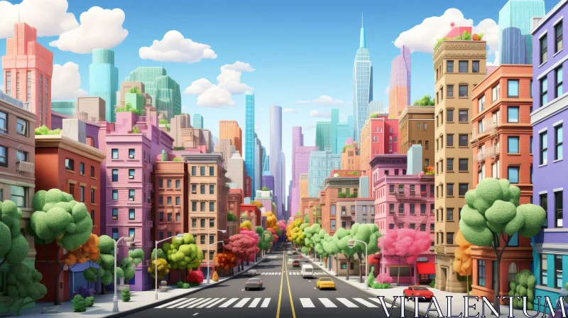 City Street Illustration with Colorful Buildings and Blooming Trees AI Image