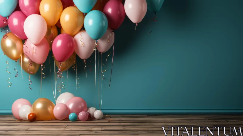 Colorful Balloons on Blue Wall - 3D Rendering AI Image