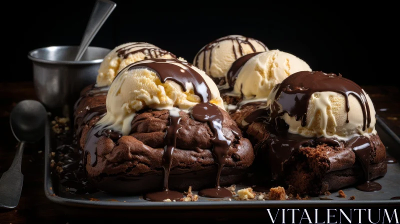 Delicious Brownies with Vanilla Ice Cream and Chocolate Sauce AI Image
