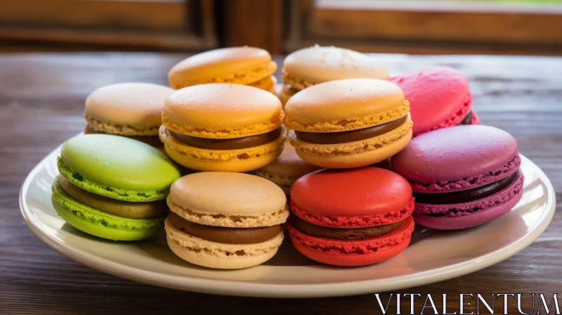 Delicious Multicolored Macarons on Wooden Table AI Image